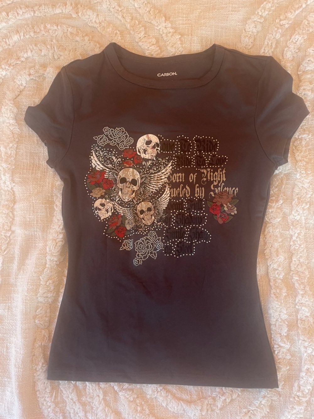 Carbon charcoal  Short Sleeve Tee with Skull, Wing & Red Rose Graphic